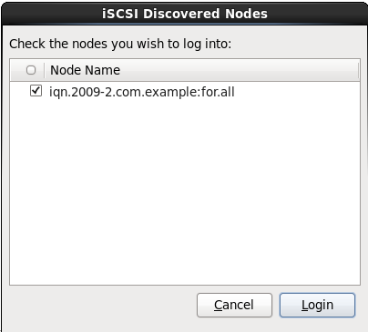 The iSCSI Discovered Nodes dialog