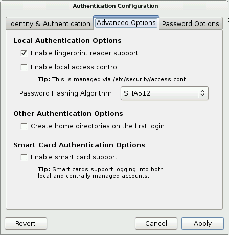 Firstboot authentication Advanced Options screen