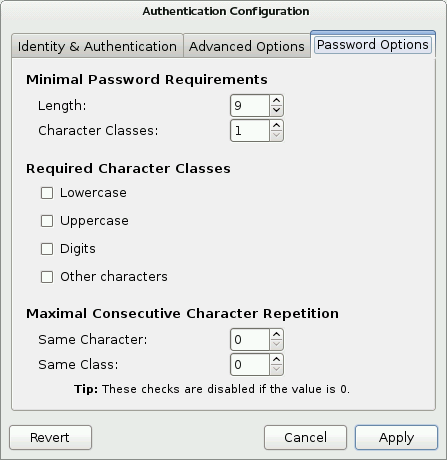 Firstboot authentication Password Options screen