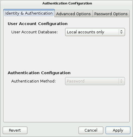 Firstboot Authentication Configuration screen
