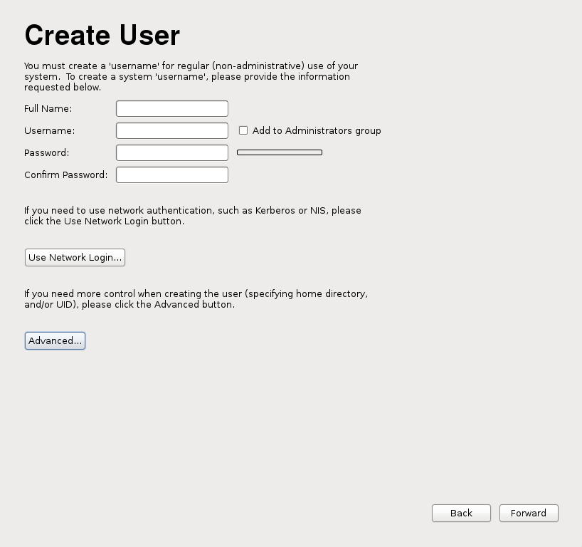 Firstboot create user screen
