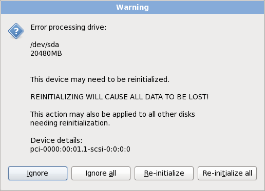 Warning screen – initializing hard drive