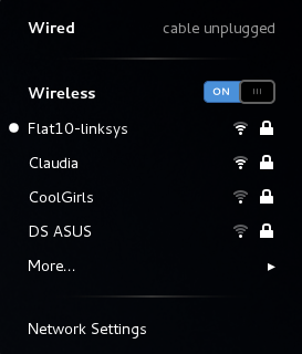 The NetworkManager applet's drop-down menu, showing all available and connected-to networks