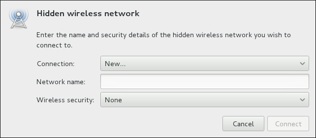 Hidden wireless network dialog window